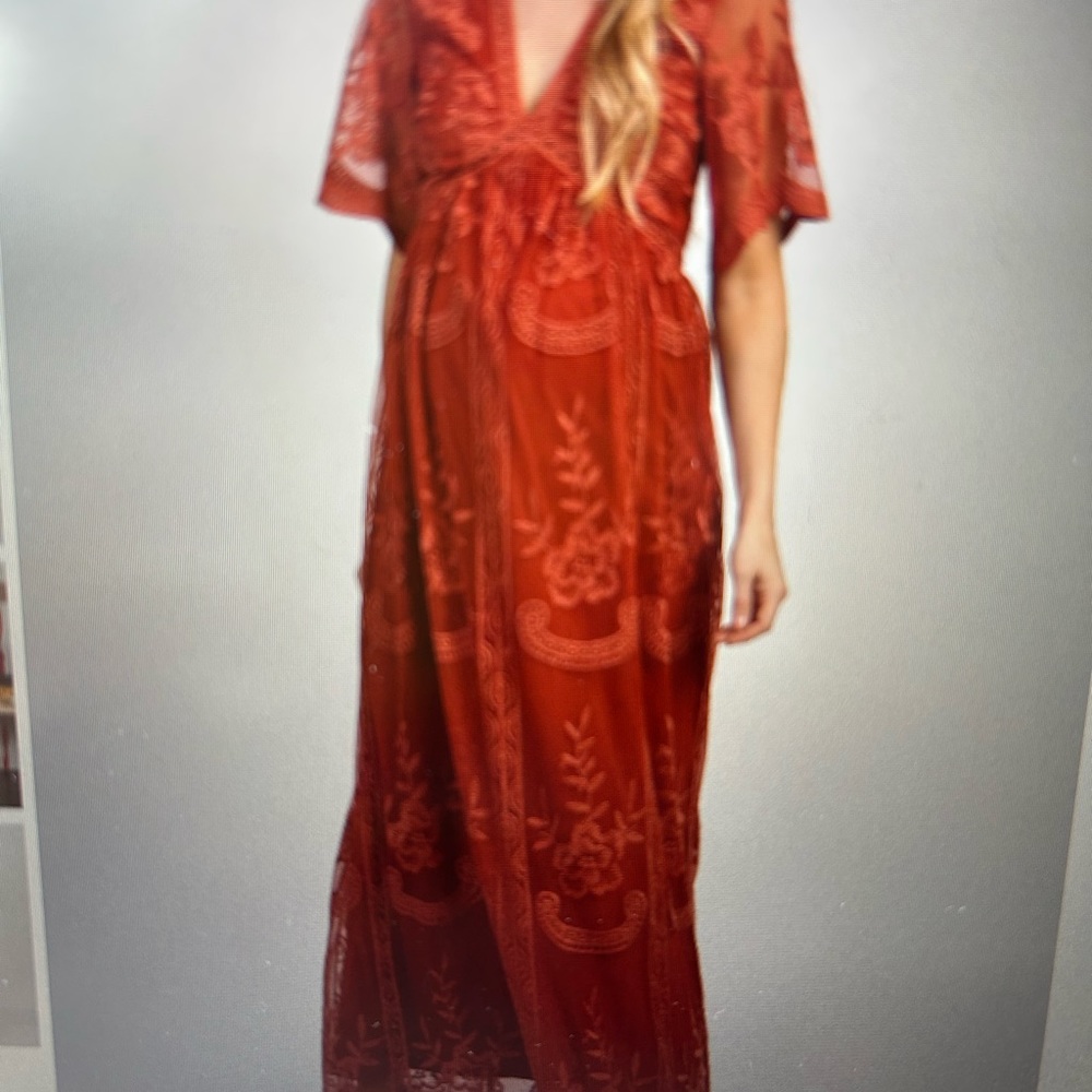 PinkBlush Rust Lace Mesh Overlay Maternity Maxi Dress- , XL